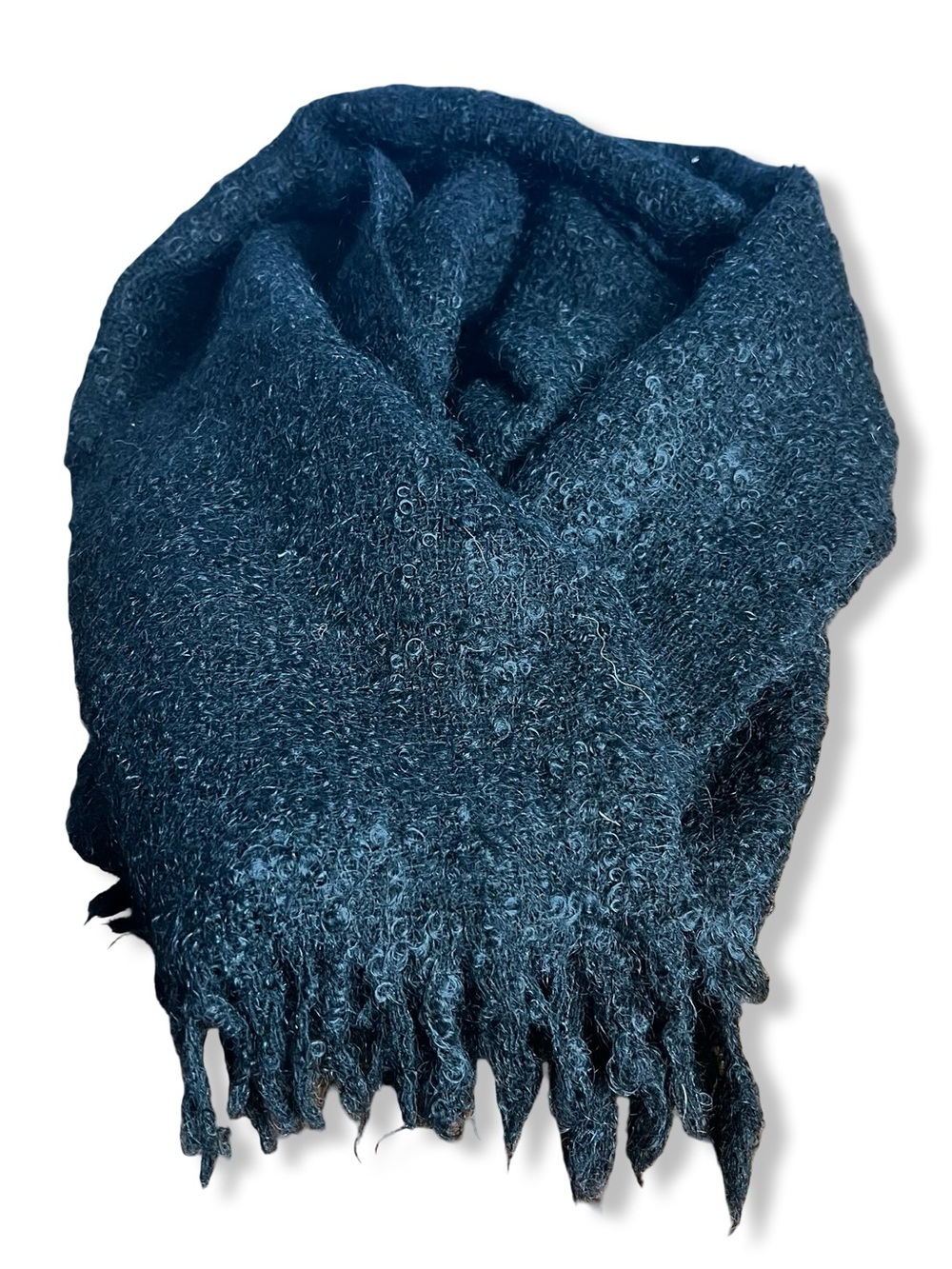Vintage 60s Andrew Stewart Scotland Mohair Wool Black Fringe Boucle Scarf Wrap